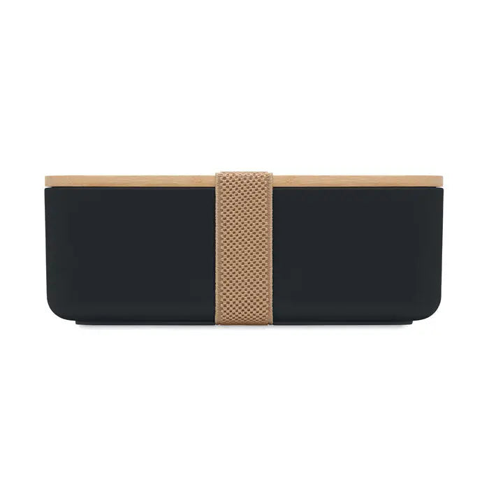 Cutie de pranz din porumb pla 1000ml bento box neagra dreptunghiulara cu capac din lemn deschis si curea impletita bej