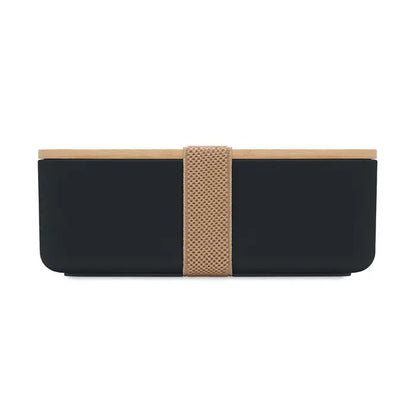 Cutie de pranz din porumb pla 1000ml bento box neagra dreptunghiulara cu capac din lemn deschis si curea impletita bej