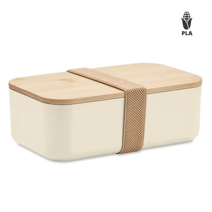 Cutie de pranz din porumb PLA 1000ml crem cu capac din bambus si curea de plasa bej