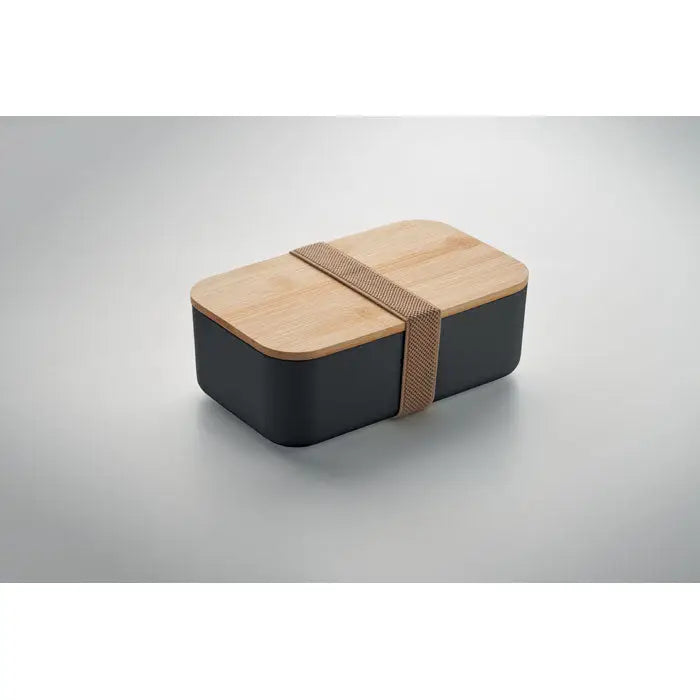 Cutie de pranz din porumb pla 1000ml negru si lemn deschis cu curea impletita pentru transport
