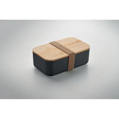 Cutie de pranz din porumb pla 1000ml negru si lemn deschis cu curea impletita pentru transport