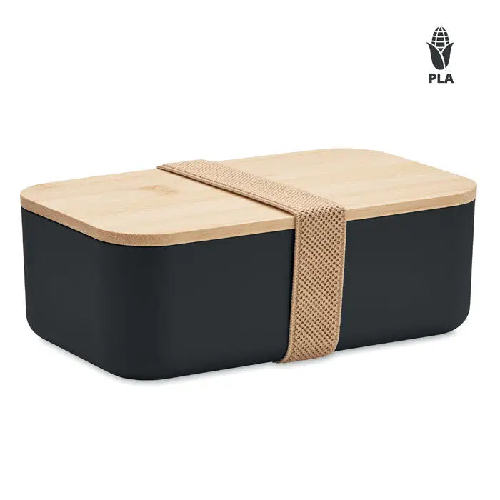 Cutie de pranz din porumb PLA 1000ml cu bento negru si lemn deschis, avand o chinga impletita