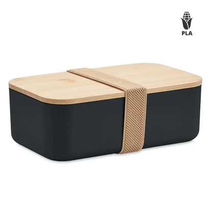 Cutie de pranz din porumb PLA 1000ml cu bento negru si lemn deschis, avand o chinga impletita