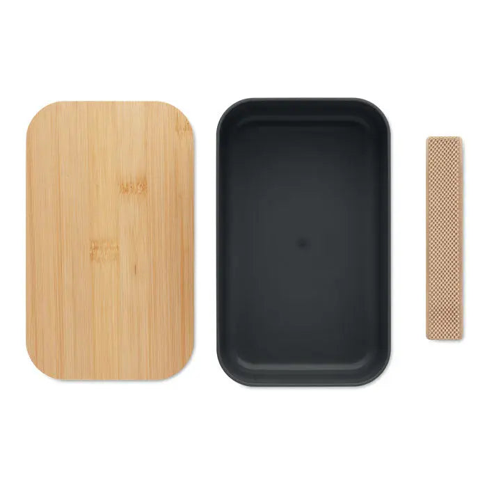 Cutie de pranz din porumb PLA de 1000ml cu capac din bambus si untiera neagra din plastic cu spatula din silicon bej