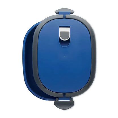 Cutie de pranz din pp albastru oval cu capac ermetic gri si inchidere argintie pentru depozitare sigura