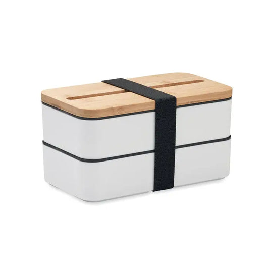 Cutie de pranz din pp alba cu doua nivele, capac din lemn deschis si elastic negru pentru fixare