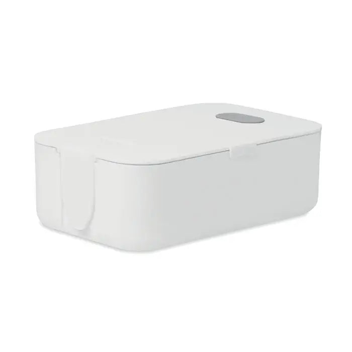 Cutie de pranz din pp alb dreptunghiular cu design minimalist si tab gris pe capac pentru depozitare practica