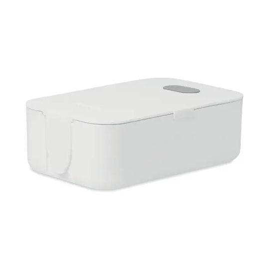 Cutie de pranz din pp alb dreptunghiular cu design minimalist si tab gris pe capac pentru depozitare practica
