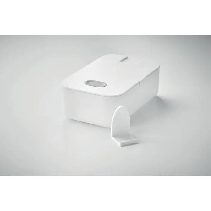 Cutie de pranz din pp alba cu design minimalist dreptunghiular si decupaj oval pe capac
