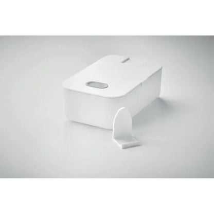 Cutie de pranz din pp alba cu design minimalist dreptunghiular si decupaj oval pe capac