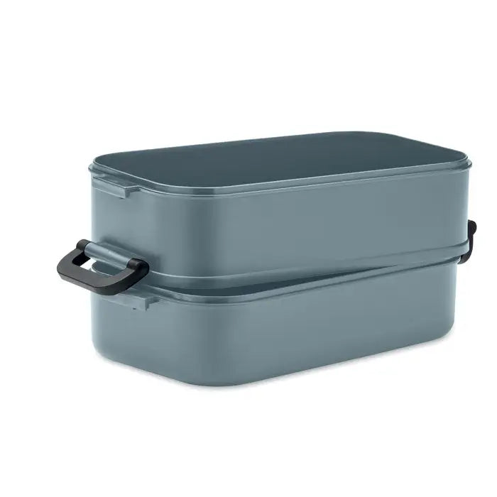 Cutie de pranz din pp gri cu doua niveluri si manere negre din plastic pentru depozitare usoara