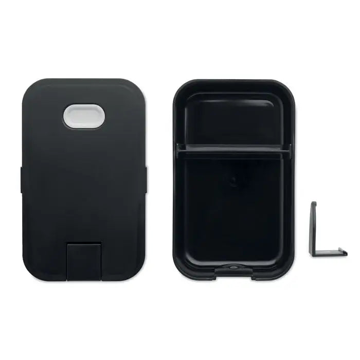 Carcasa neagra din plastic pentru telefon cu decupaj oval alb pentru camera si design tip flip pentru cutie de pranz din pp