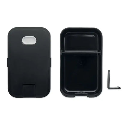 Carcasa neagra din plastic pentru telefon cu decupaj oval alb pentru camera si design tip flip pentru cutie de pranz din pp
