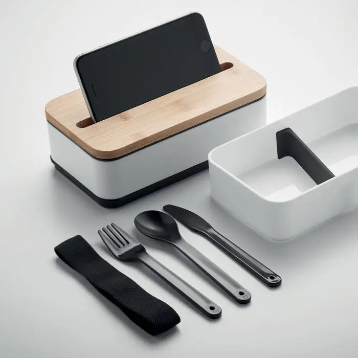 Stand minimalist alb si bambus cu baza neagra pentru telefon in cutie de pranz din pp