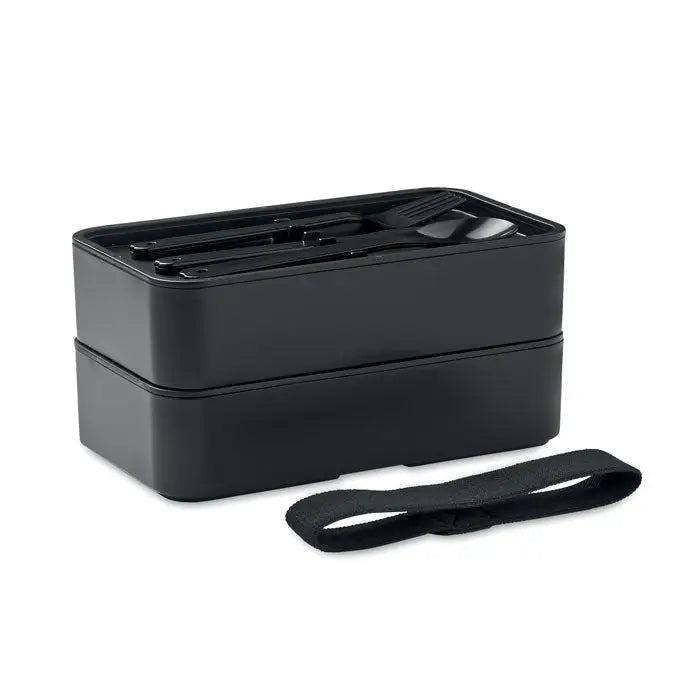 Cutie de pranz din pp cu capac din bambus negru cu doua nivele si accesorii asortate pentru servirea mesei