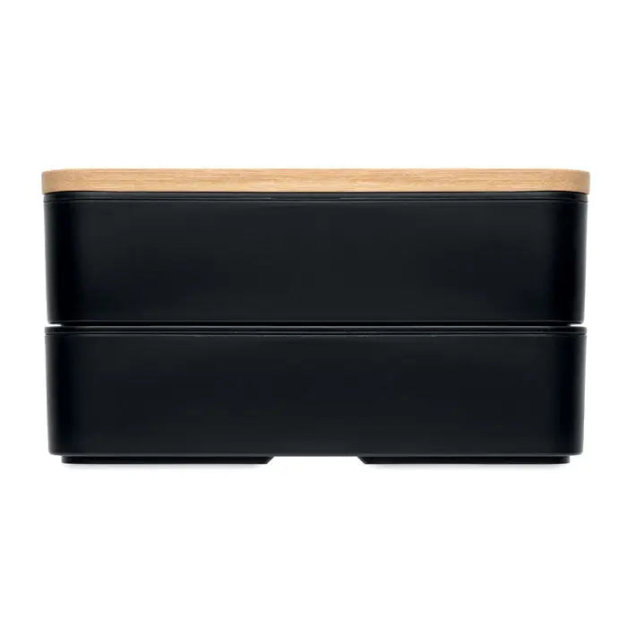 Cutie de pranz neagra din pp cu capac din bambus deschis la culoare pentru depozitare practica