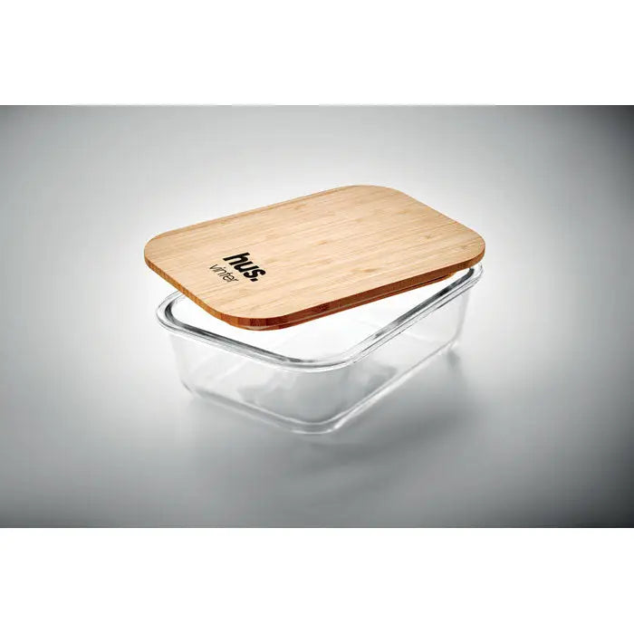 Cutie de pranz din sticla transparenta cu capac rectangular din bambus cu model lemn si sigla hus
