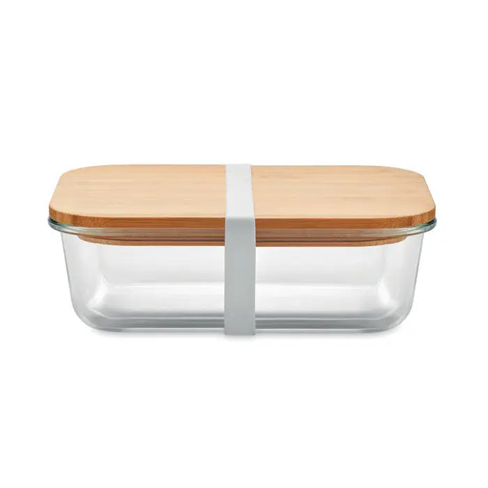 Cutie de pranz din sticla cu capac rectangular din bambus si banda elastica alba pentru inchidere sigura