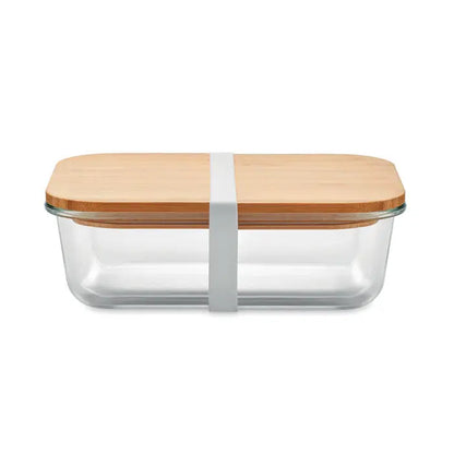Cutie de pranz din sticla cu capac rectangular din bambus si banda elastica alba pentru inchidere sigura