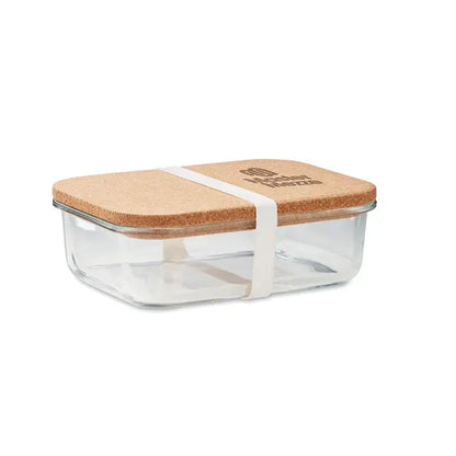 Cutie de pranz din sticla transparenta cu capac de pluta natur si elastic alb pentru inchidere