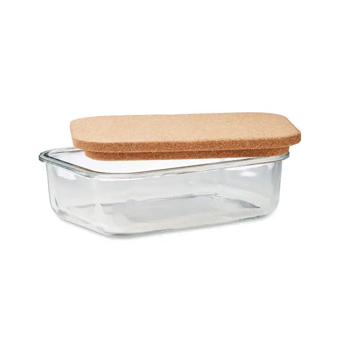 Cutie de pranz din sticla rectangulara transparenta cu capac de pluta maro deschis pentru depozitare alimente