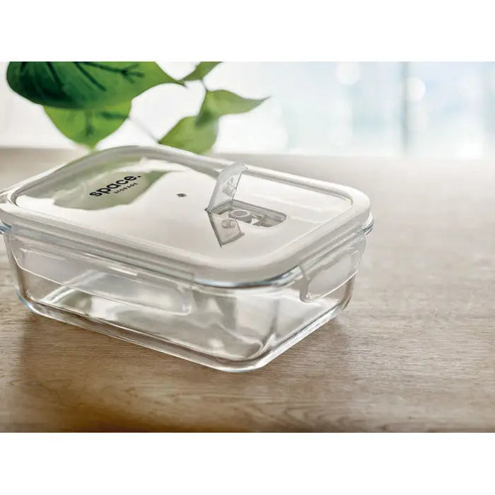 Cutie de pranz din sticla clara, capac alb pp cu logo space si inchidere rabatabila, 900 ml