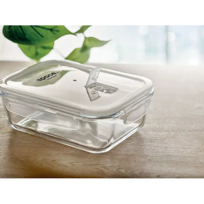 Cutie de pranz din sticla clara, capac alb pp cu logo space si inchidere rabatabila, 900 ml