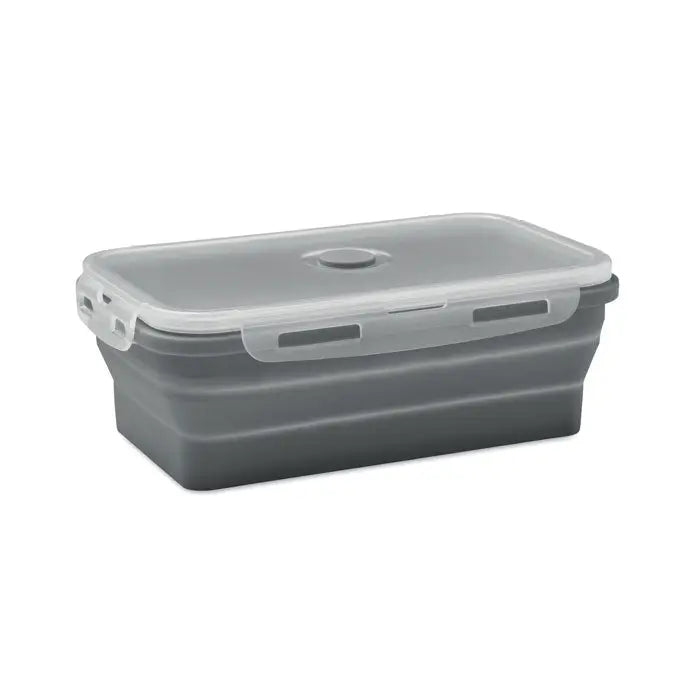 Cutie de pranz pliabila din silicon gri cu capac transparent si inchideri laterale pentru depozitare mancare