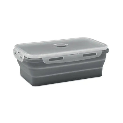 Cutie de pranz pliabila din silicon gri cu capac transparent si inchideri laterale pentru depozitare mancare