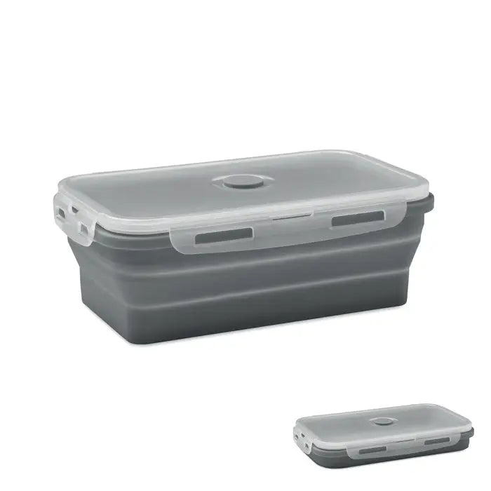 Cutie de pranz pliabila din silicon gri cu capac transparent si inchideri laterale pentru depozitare alimente