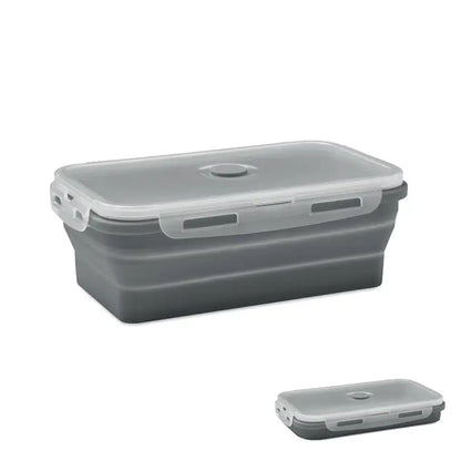 Cutie de pranz pliabila din silicon gri cu capac transparent si inchideri laterale pentru depozitare alimente