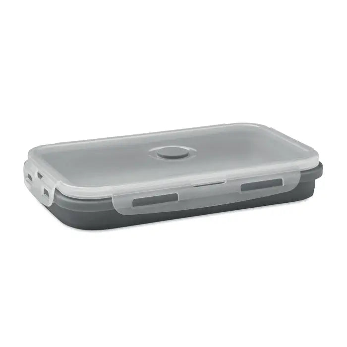 Cutie de pranz pliabila din silicon gri translucida cu capac rabatabil pentru depozitare alimente rectangulara