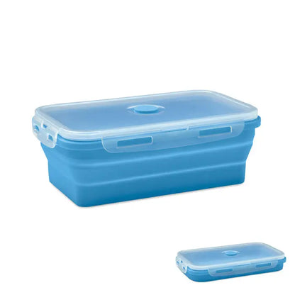 Cutie de pranz pliabila din silicon albastra cu capac transparent si laturi care se clipsaza pentru depozitare mancare