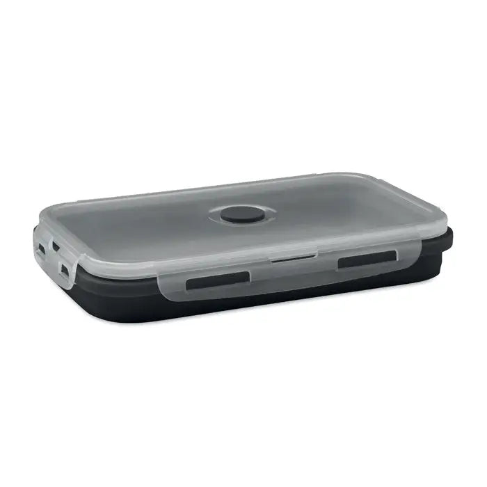 Cutie de pranz pliabila din silicon cu capac negru si transparent si buton central pentru inchidere sigura