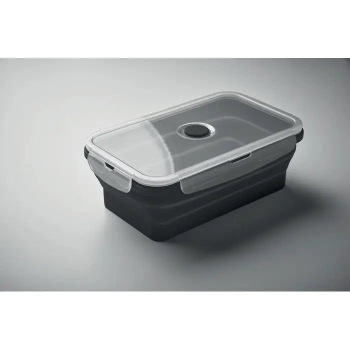 Cutie de pranz pliabila din silicon negru cu capac transparent si ventil circular pentru depozitare mancare