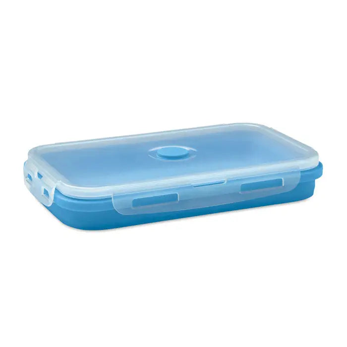 Cutie de pranz pliabila din silicon albastru cu capac transparent si laturi care se prind pentru depozitare sigura