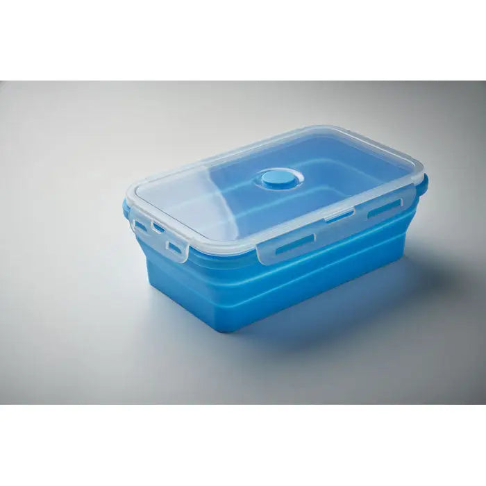 Cutie de pranz pliabila din silicon albastru cu capac transparent si maner albastru pentru depozitare alimente