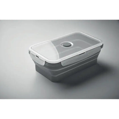 Cutie de pranz pliabila din silicon gri cu capac transparent si etansare neagra pentru depozitare alimente