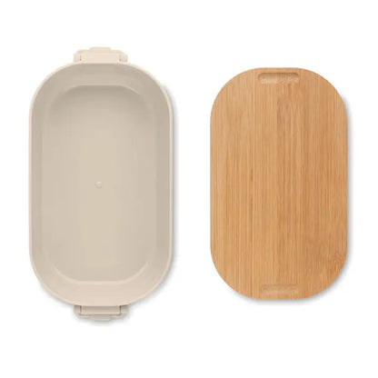 Cutie de pranz pp 700 ml bej din plastic si bambus cu capac cu balama pentru alimente