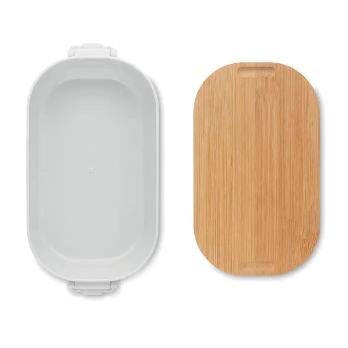 Cutie de pranz pp 700 ml din plastic alb si bambus cu capac cu clips, ideala pentru transportul mesei