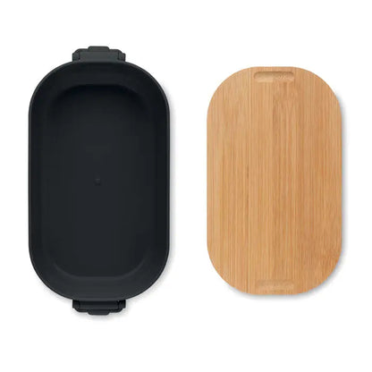 Cutie de pranz pp 700 ml neagra cu interior din silicon si capac din bambus perfecta pentru depozitare mancare