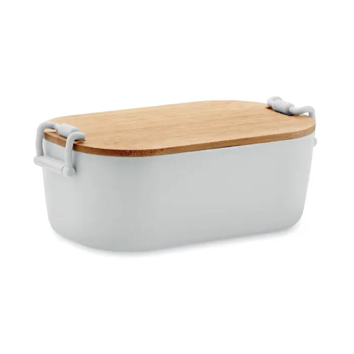 Cutie de pranz pp 700 ml alb cu capac de lemn natural si manere gri din plastic pentru depozitare alimente