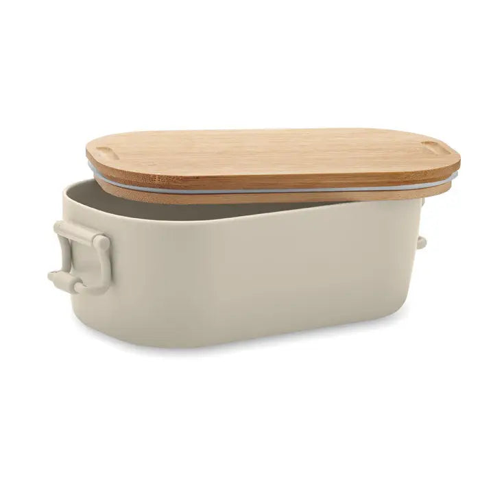 Cutie de pranz pp 700 ml beige din ceramică cu capac de bambus și mânere laterale pentru pâine