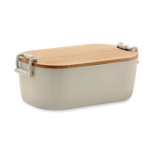 Beige cutie de pranz pp 700 ml cu capac din lemn natural si manere gri din plastic