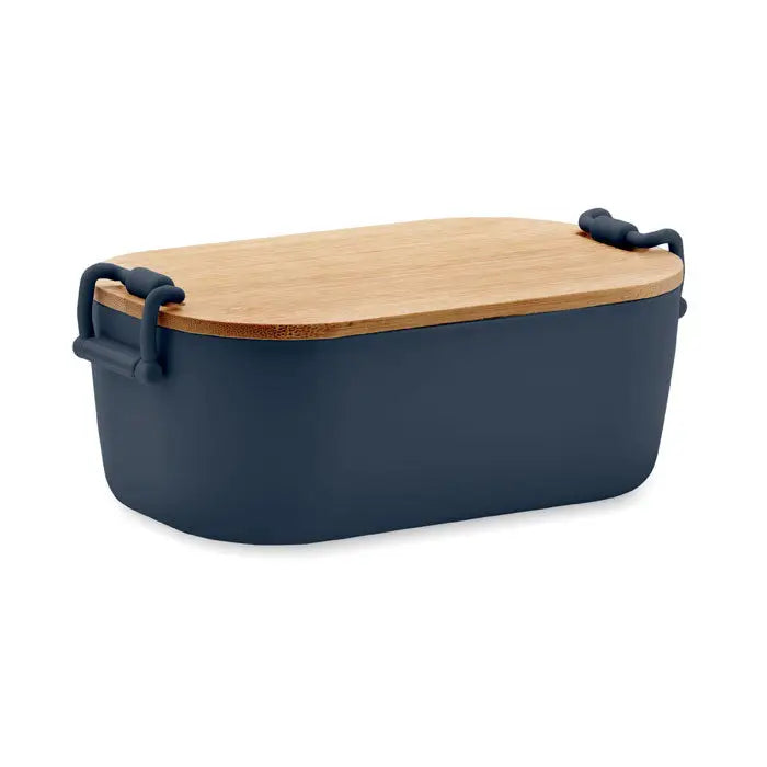 Cutie de pranz pp 700 ml bleumarin dreptunghiulara cu capac din lemn deschis si manere negre din silicon