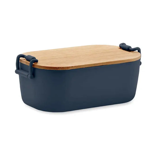Cutie de pranz pp 700 ml bleumarin dreptunghiulara cu capac din lemn deschis si manere negre din silicon