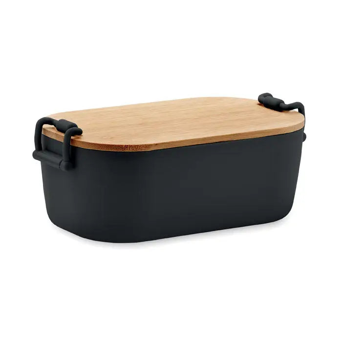 Cutie de pranz pp 700 ml cu capac din lemn natural si manere negre din silicon, design oval si culoare neagra