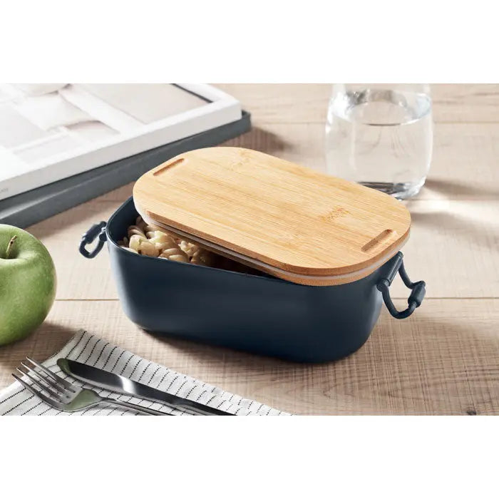Cutie de pranz pp 700 ml albastru navy cu capac din bambus si manere negre din plastic rectangulara