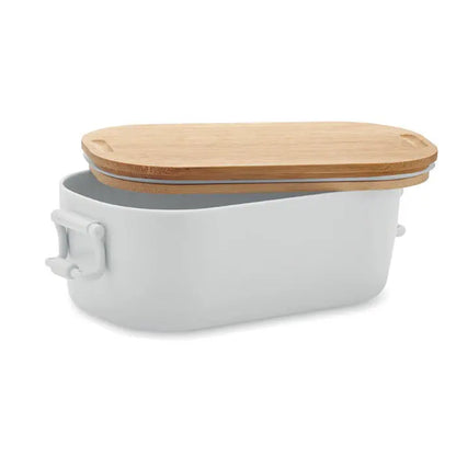 Cutie de pranz pp 700 ml alb cu capac din lemn deschis si mânere albe din ceramică