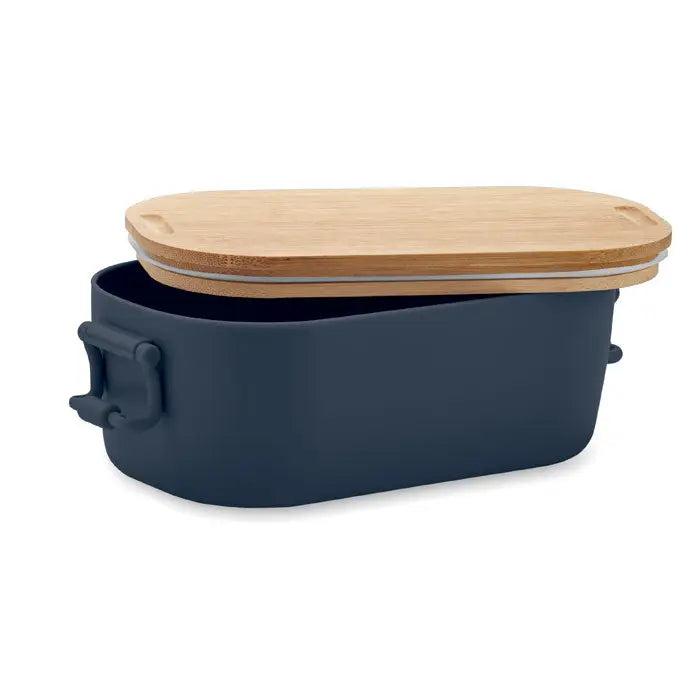 Cutie de pranz pp 700 ml in ceramică albastru marin cu capac din bambus și mânere integrate pentru servire și depozitare